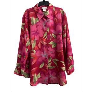 Susan Graver Womens Semi Sheer Blouse Top Size 2X Red Pink Floral Button Up